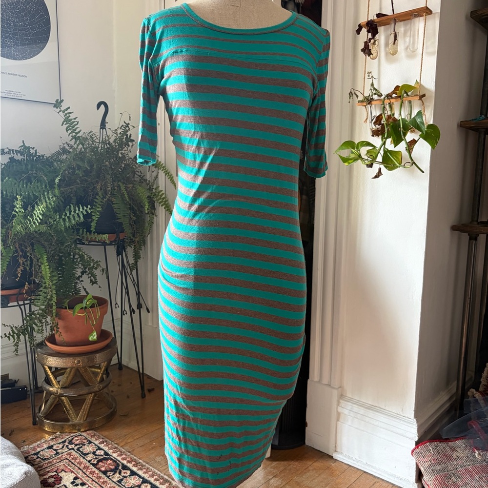 LuLaRoe Teal and Gray Striped Dress